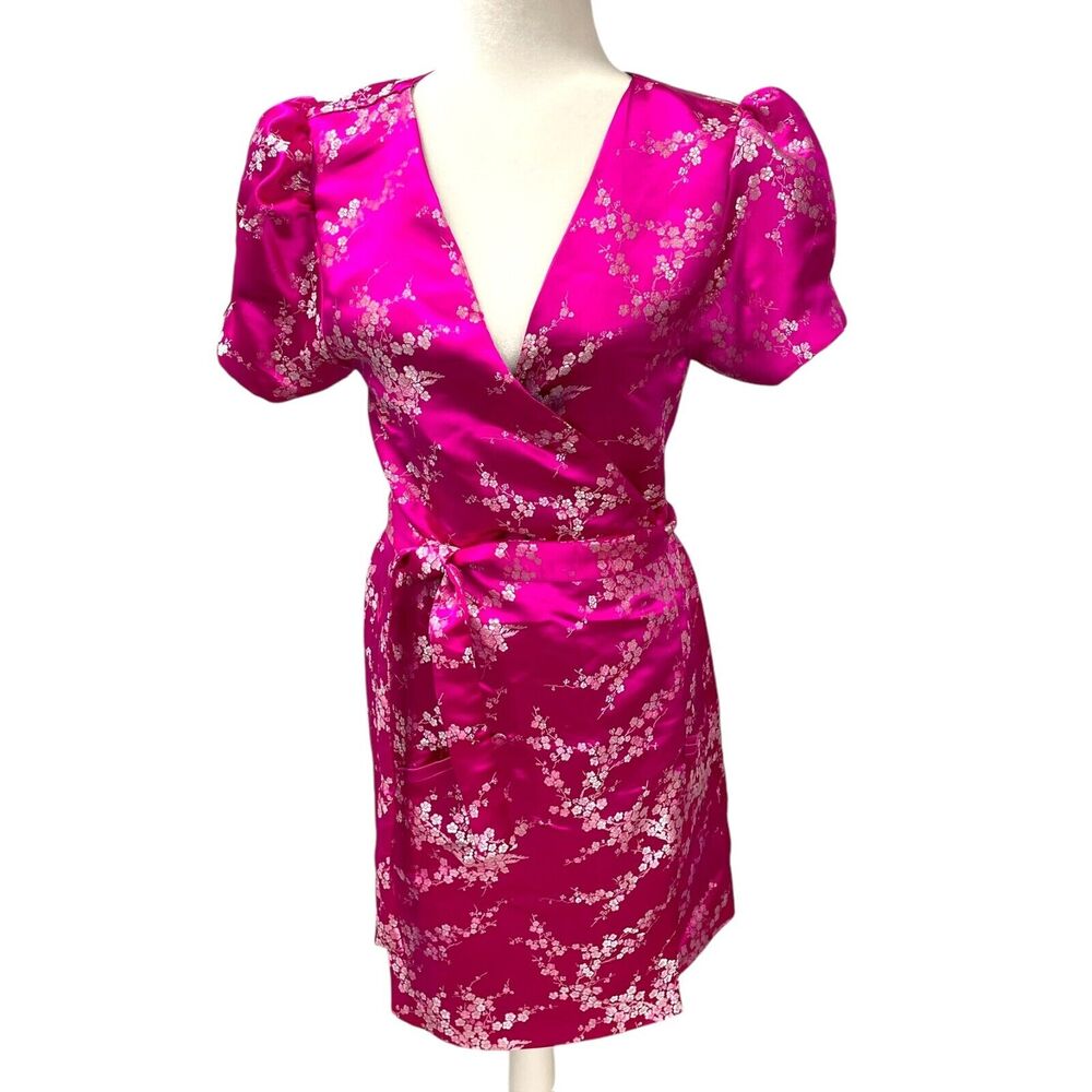Sue Sartor Pink Kimono Style Wrap Dress Short Puff Sleeves M